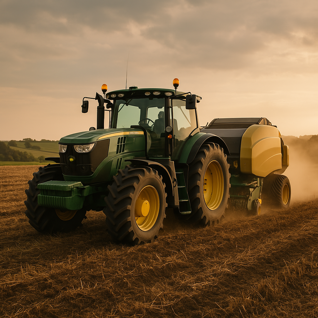 Farm tractor at sunset